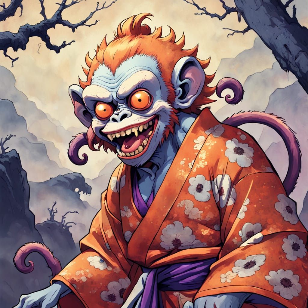 Grotesque 19th Century Japanese Woodblock Style Zombie Monke...