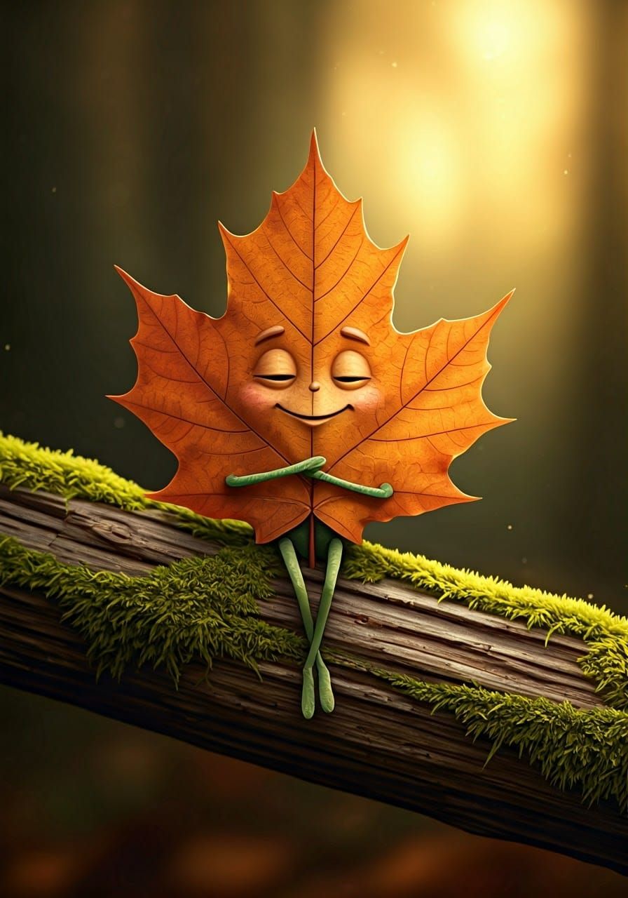 An endearing autumn maple leaf creature, smiling, laughing, ...