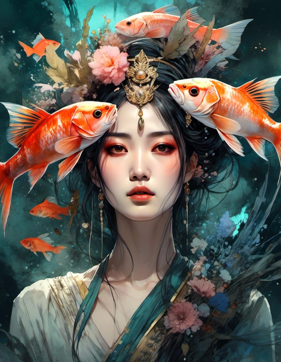 Gorgeous Fish Goddess in Macabre Garden: Anime Realism