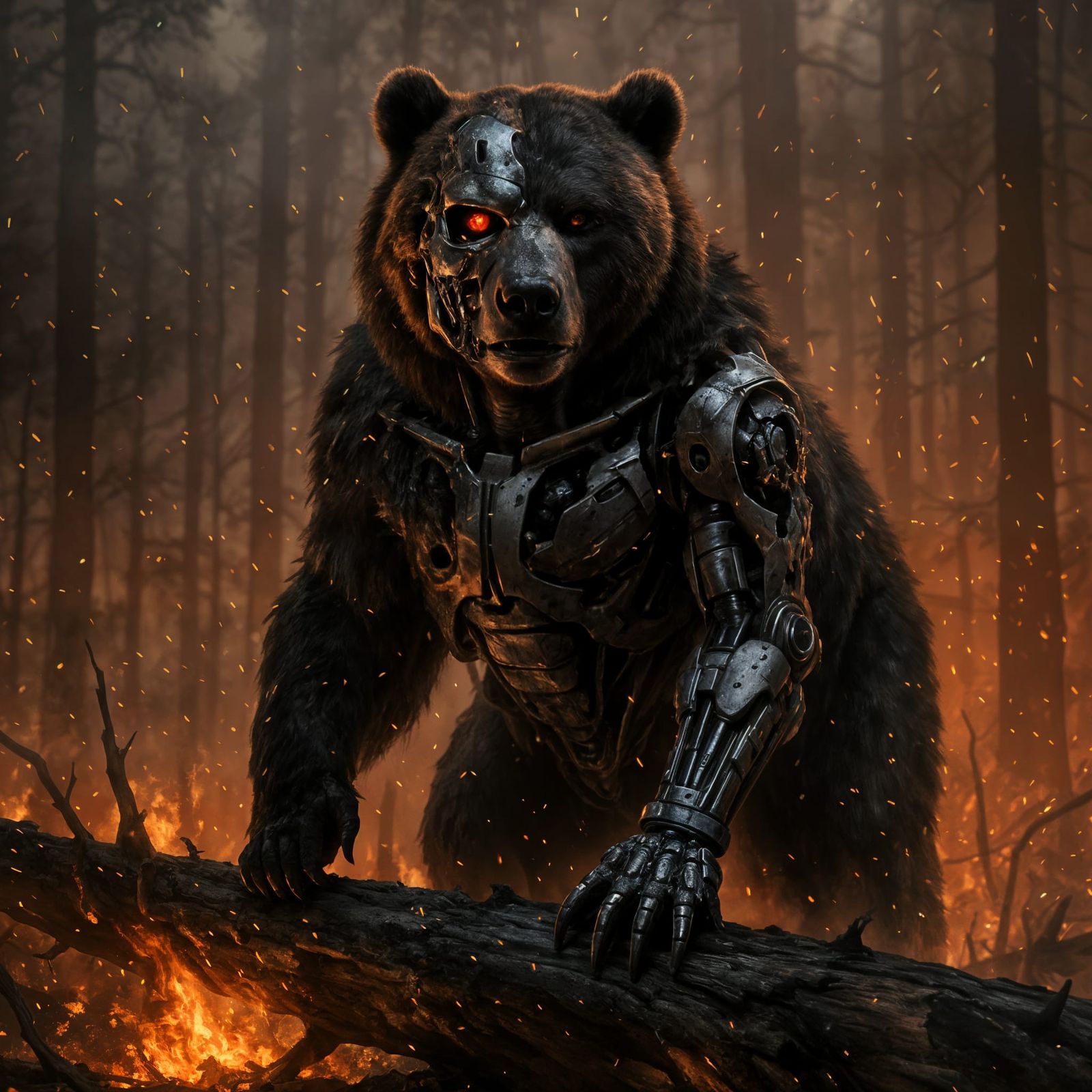 Cybernetic Terminator Bear in Burning Forest, Sci-Fi Horror