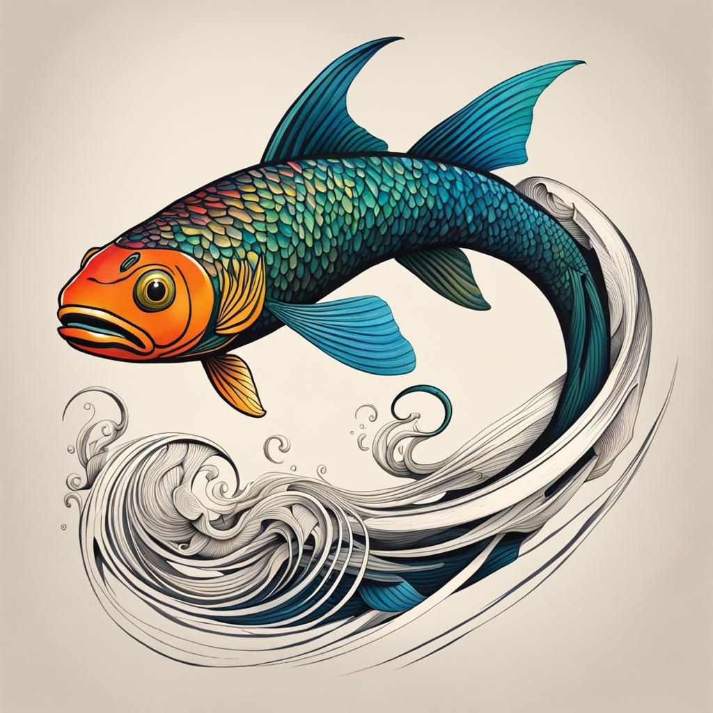 Serpentine Fish Leaps from Drawing: Ink Illustration