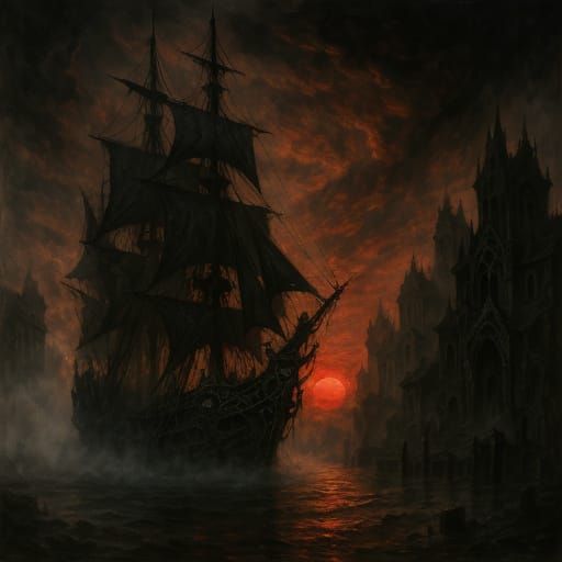 Gothic Ship Emerges from Fog in Romanticism Style
