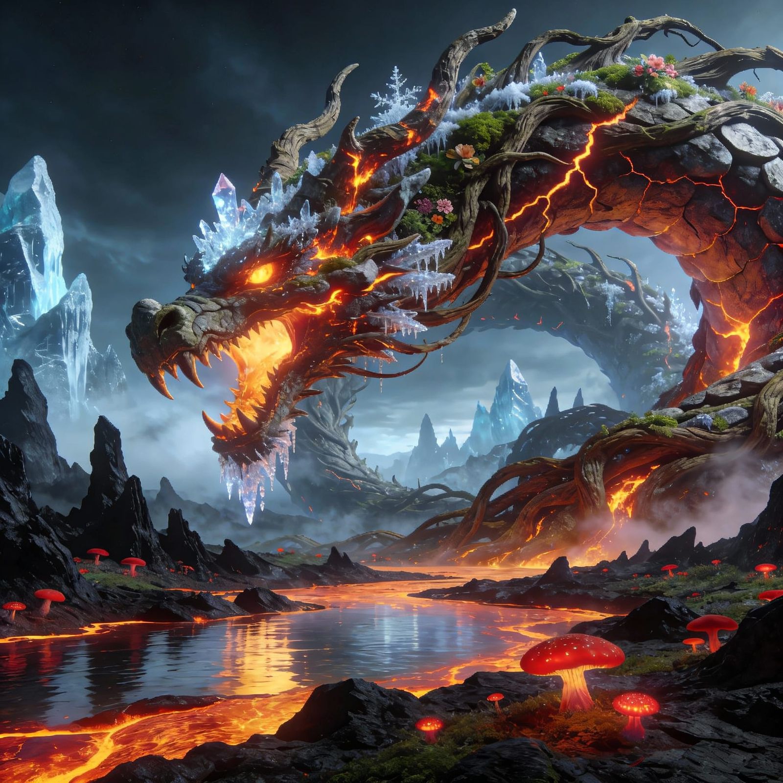 Mythical Dragon of Roots, Stone, and Lava