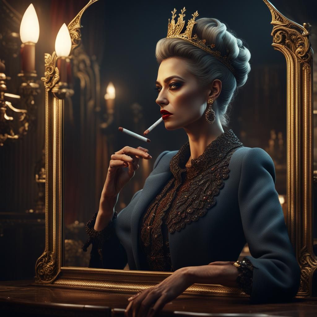 Mafia Queen Gazing in Mirror: Detailed Matte Painting