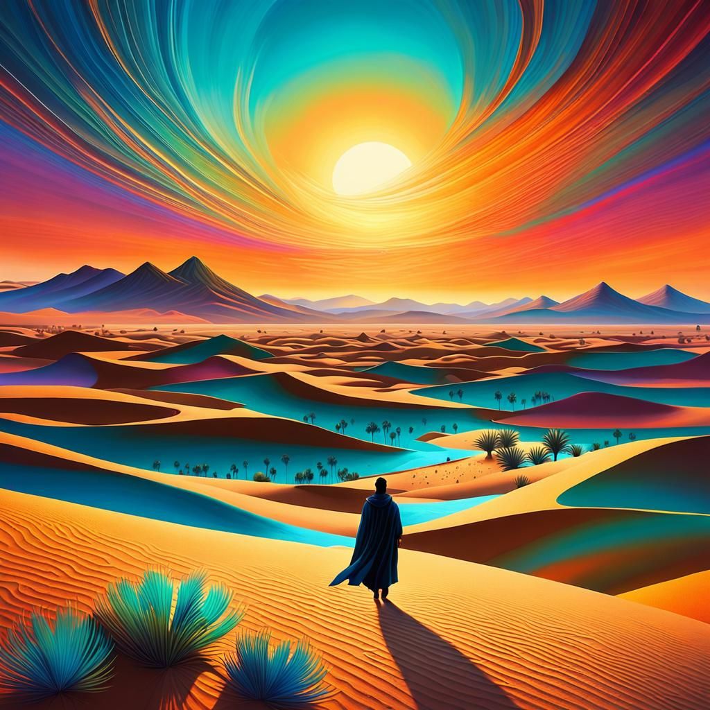 Surreal Desert Mirage Sunset: Vibrant Oil Painting