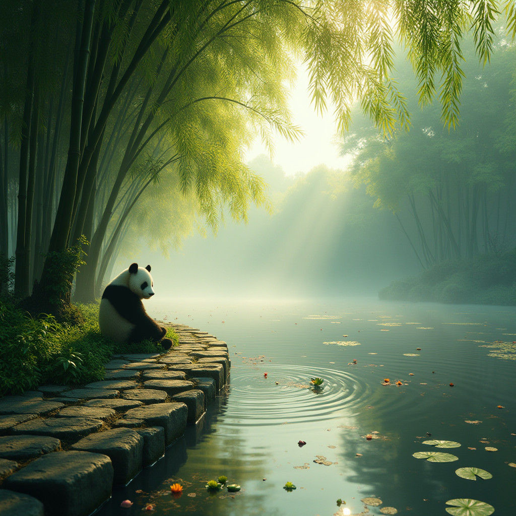 Panda in Bamboo Grove by Misty Lake