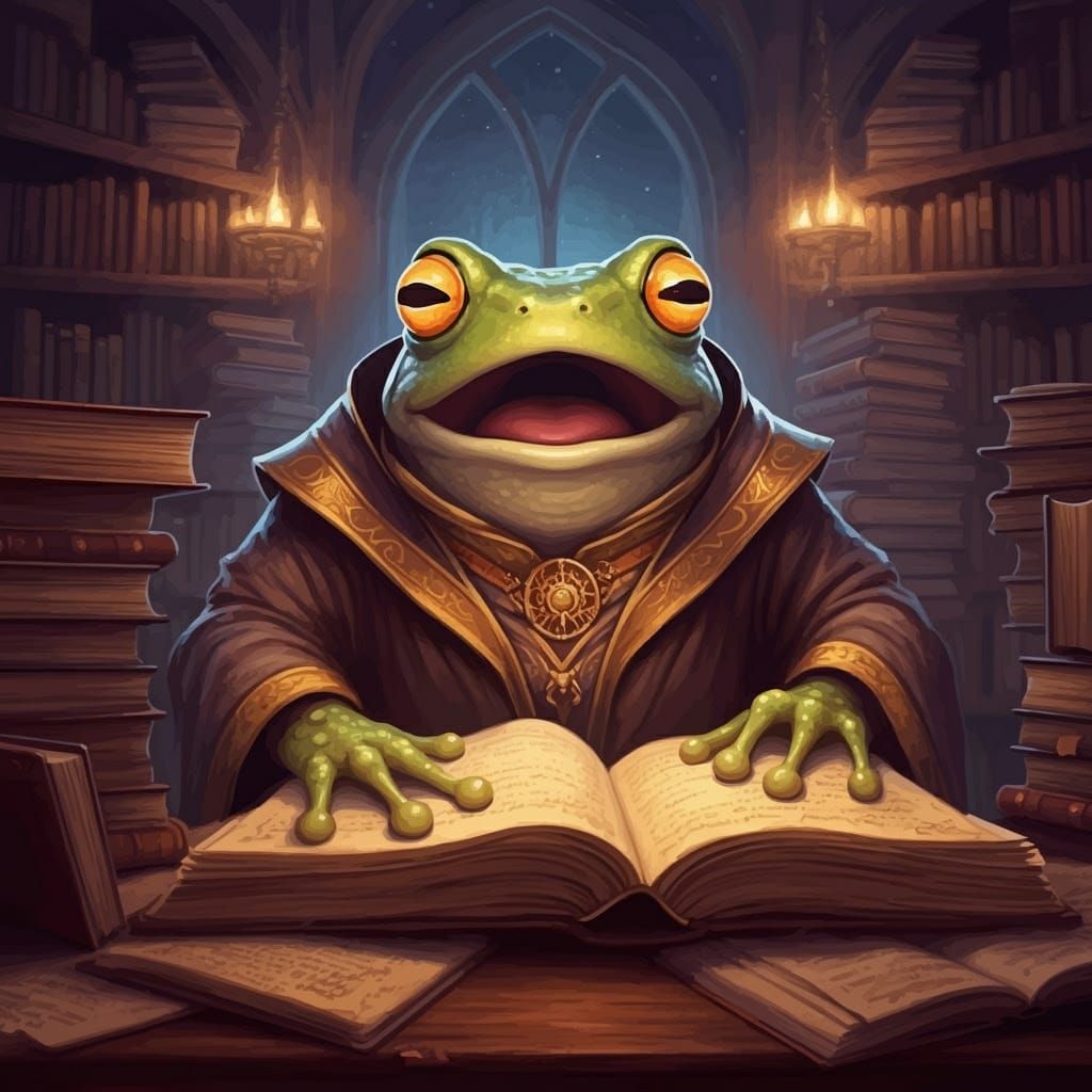 Frog Wizard Stunned in Library, Surreal Fantasy Art