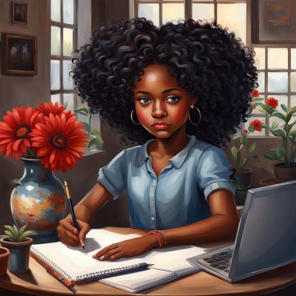 Young Black Girl Working at Computer: Photorealism