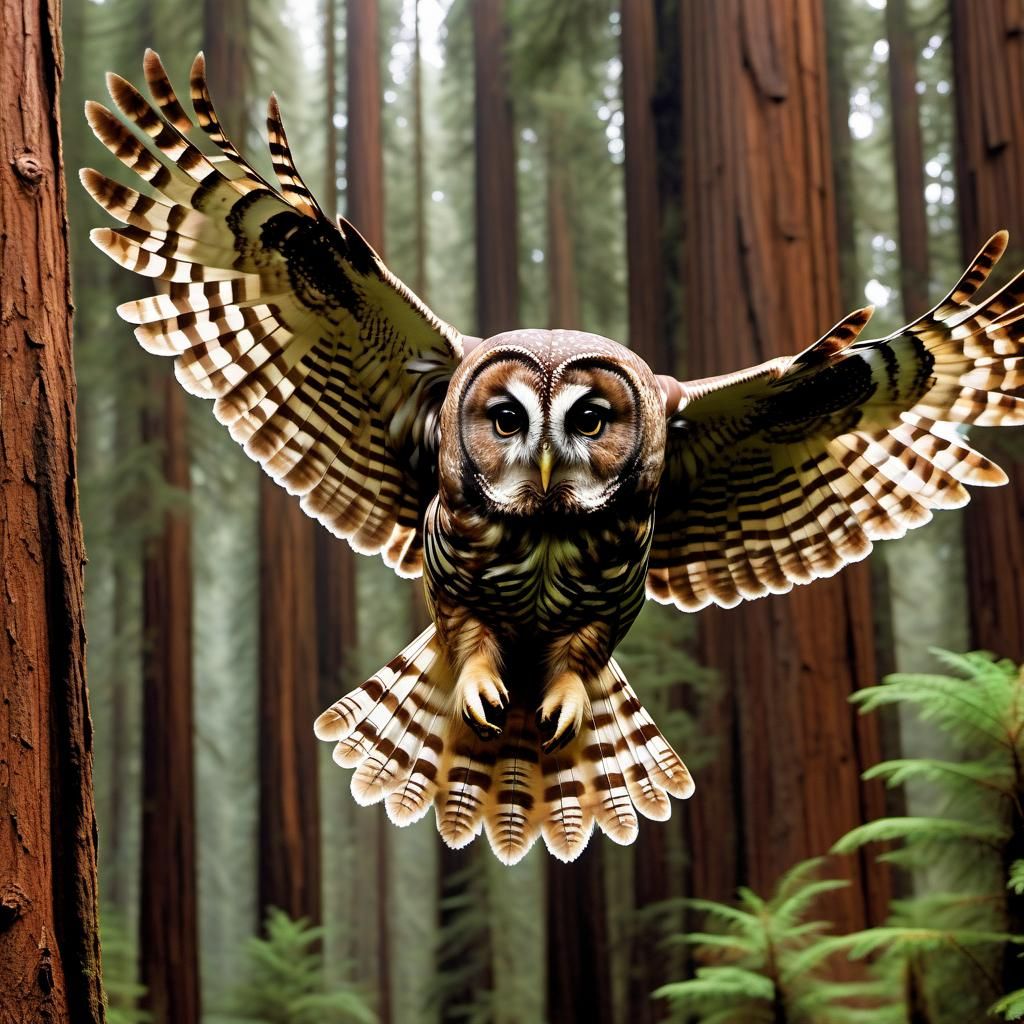 Northern Spotted Owl Flies Through Redwood Forest
