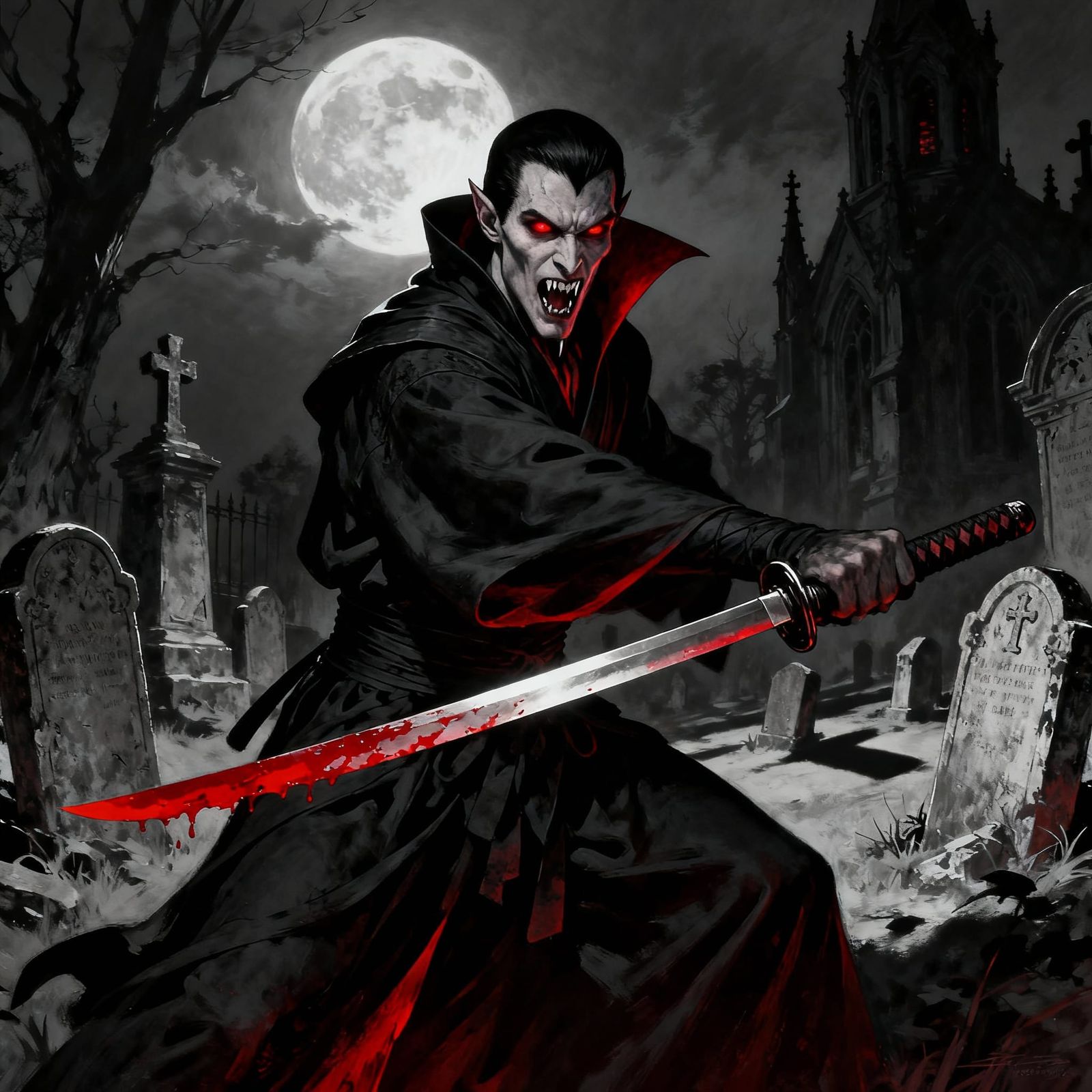Dracula Vampire Ninja Warrior in Moonlit Graveyard
