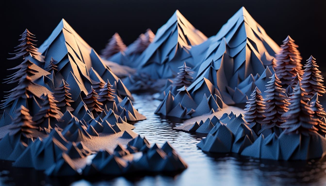 Origami Mountain River at Twilight in Papercraft Style