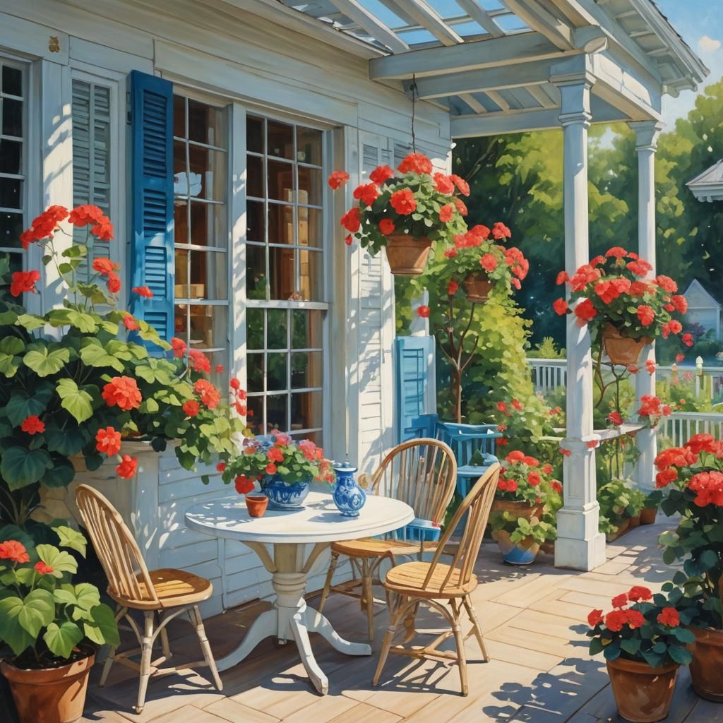 Idyllic Summer House with Geraniums: Oil Painting