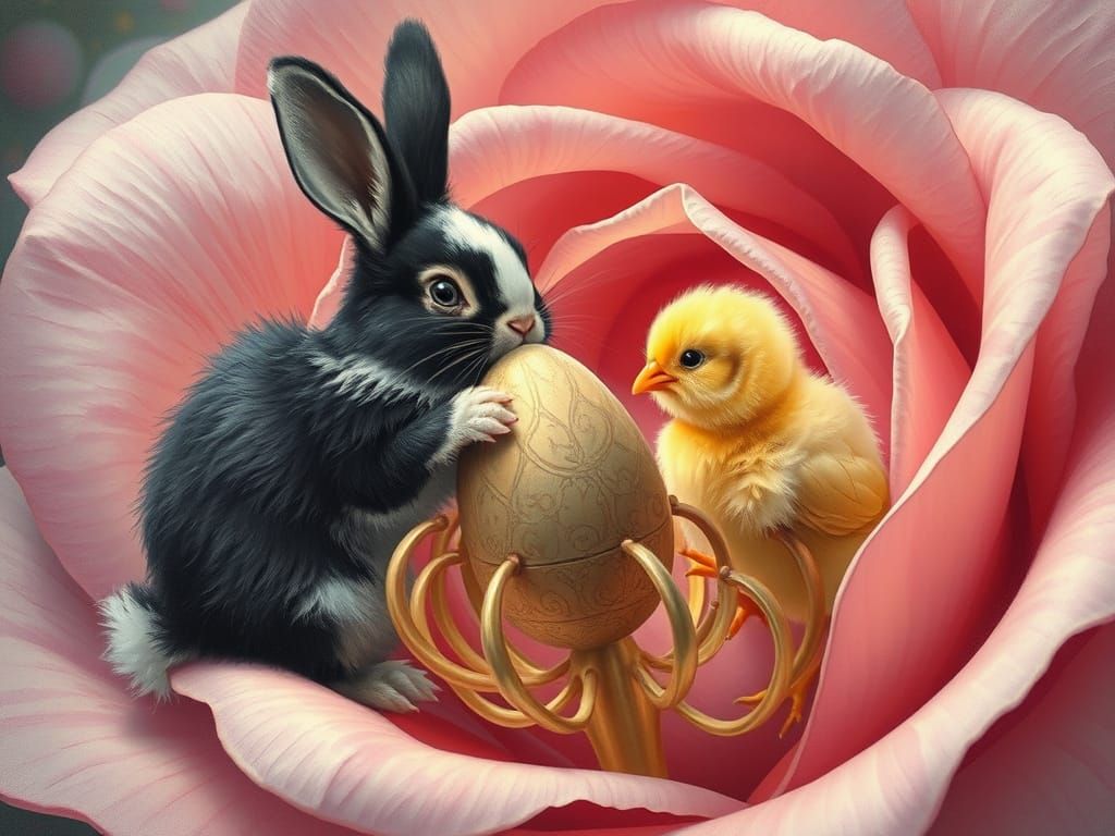 Bunny and Chick Easter Scene on Giant Rose