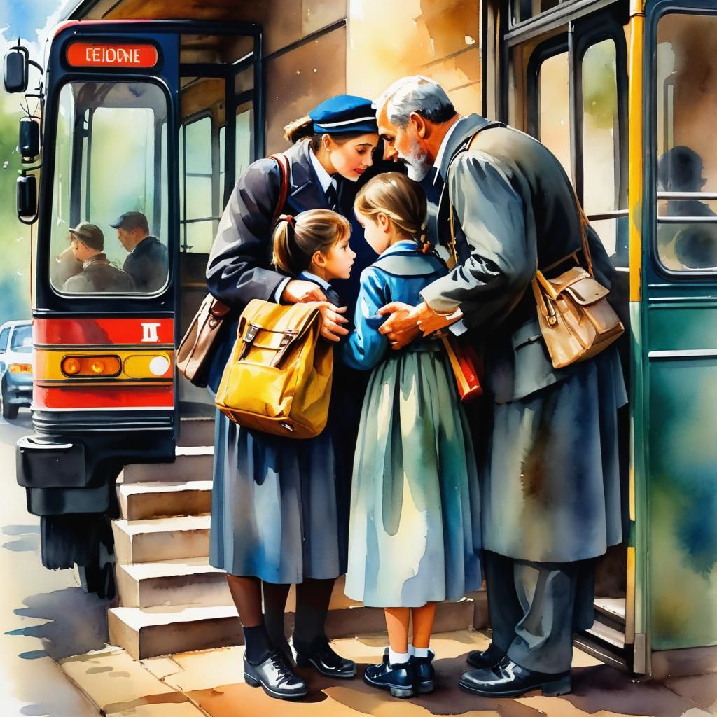 Family Farewell at Bus Stop in Impressionist Watercolors