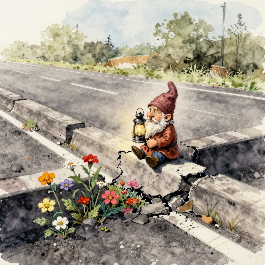 Gnome with Lantern on Cracked Highway, Flowers Bloom