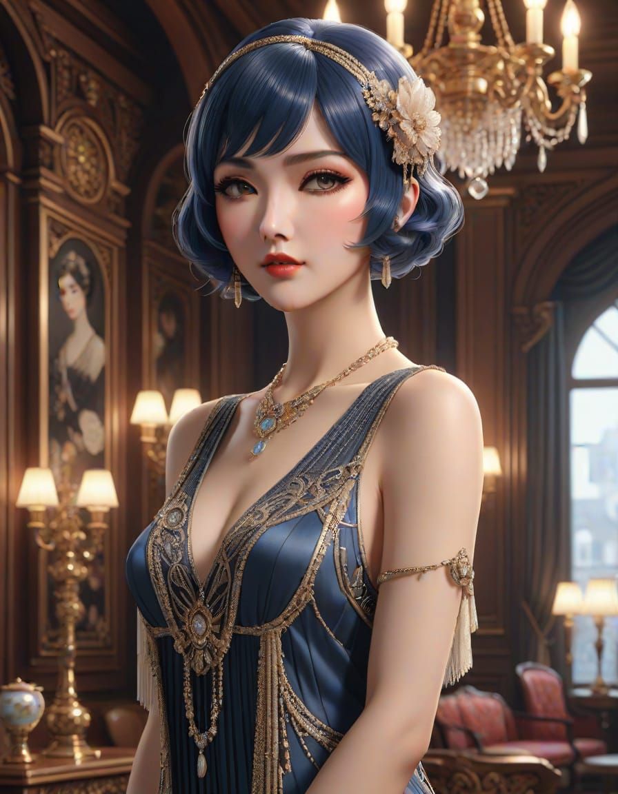 Sultry Flapper Girl in 1920s Mansion, Anime Style