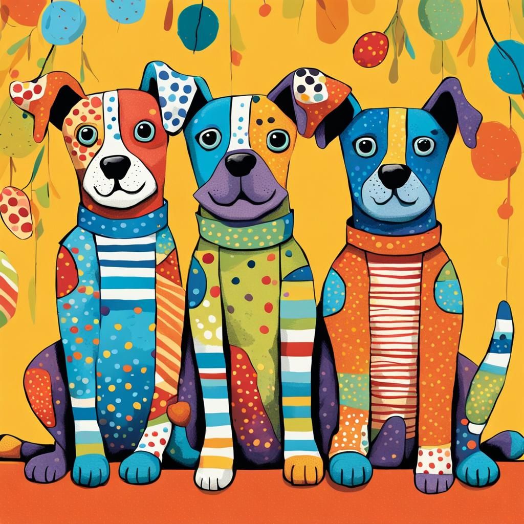 Whimsical Dogs on a Branch: Colorful Surreal Illustration