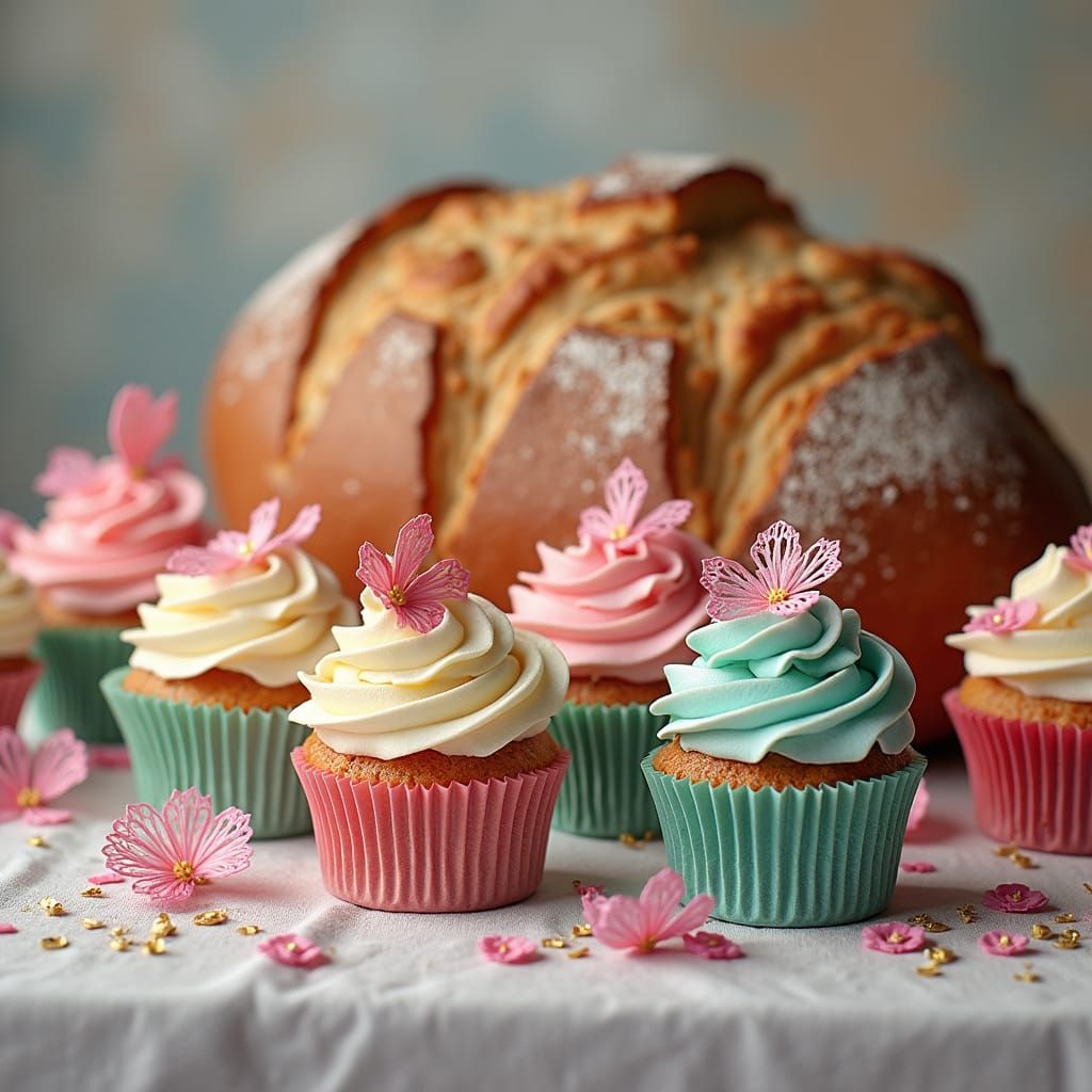 Pastel Cupcakes and Rustic Bread Still Life