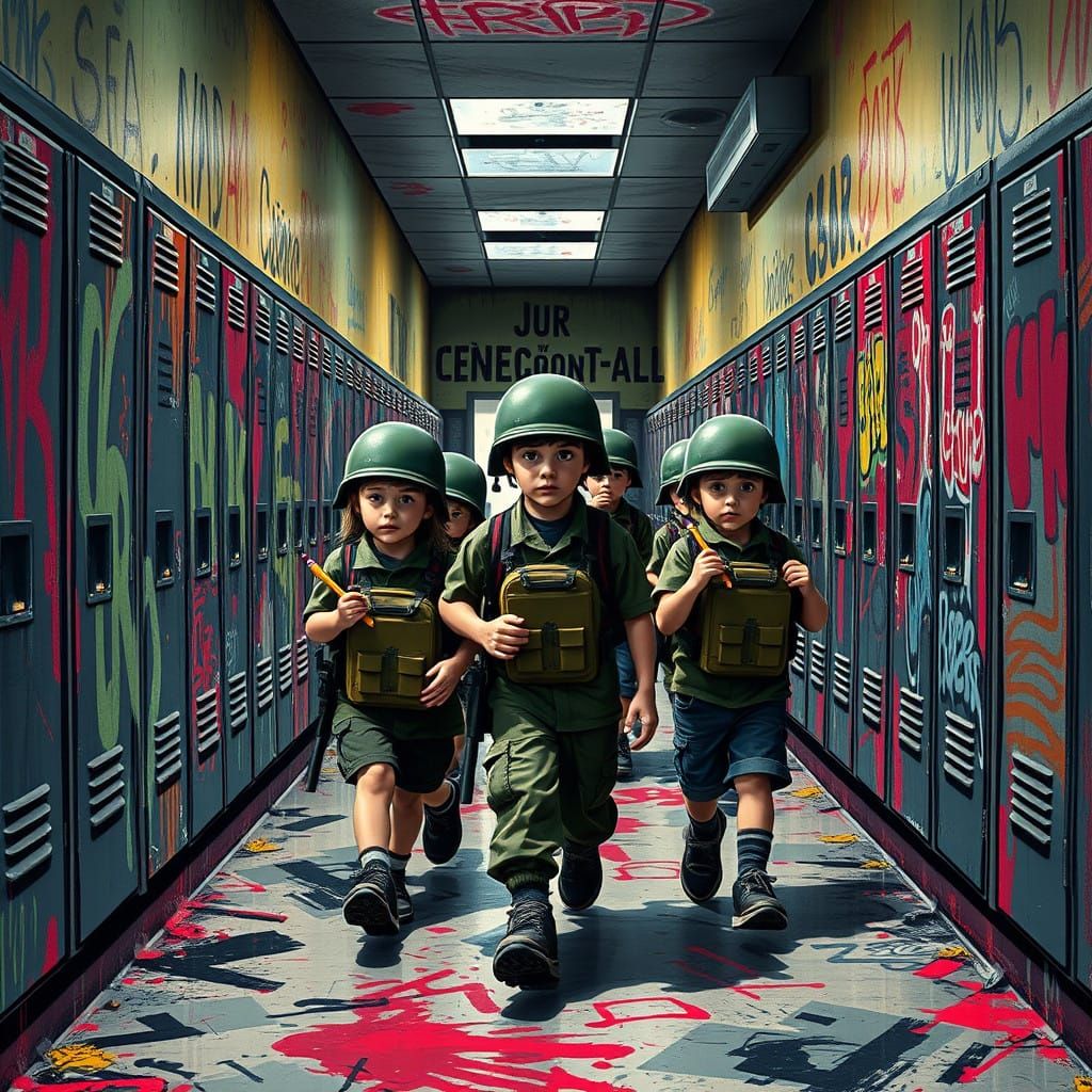 Dystopian USA Elementary School in Vibrant, High-Contrast St...