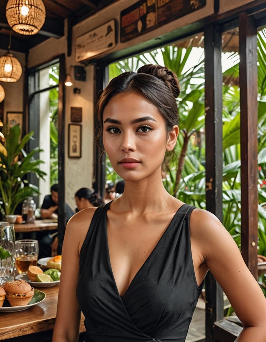 Tropical Cafe Scene with Indonesian Woman