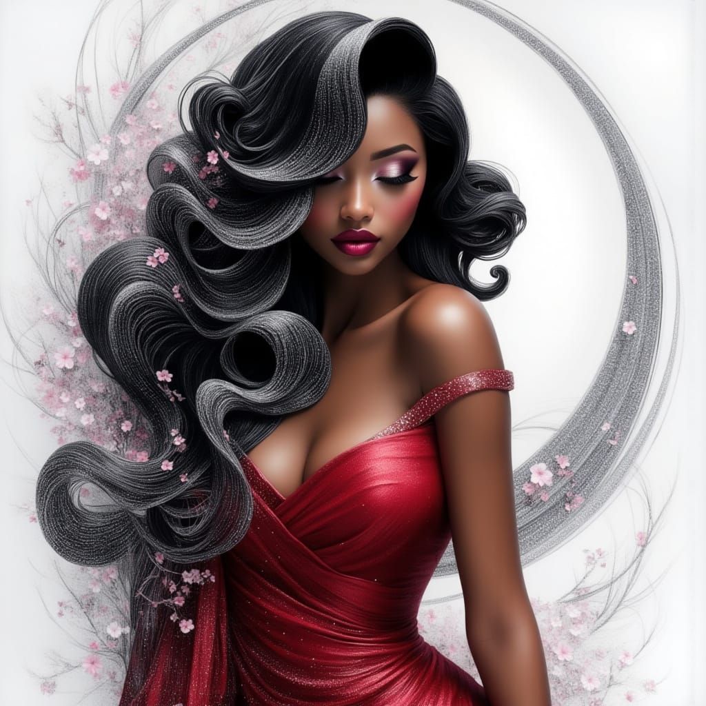 Stunning Woman in Midnight Red Gown with Metallic Hair