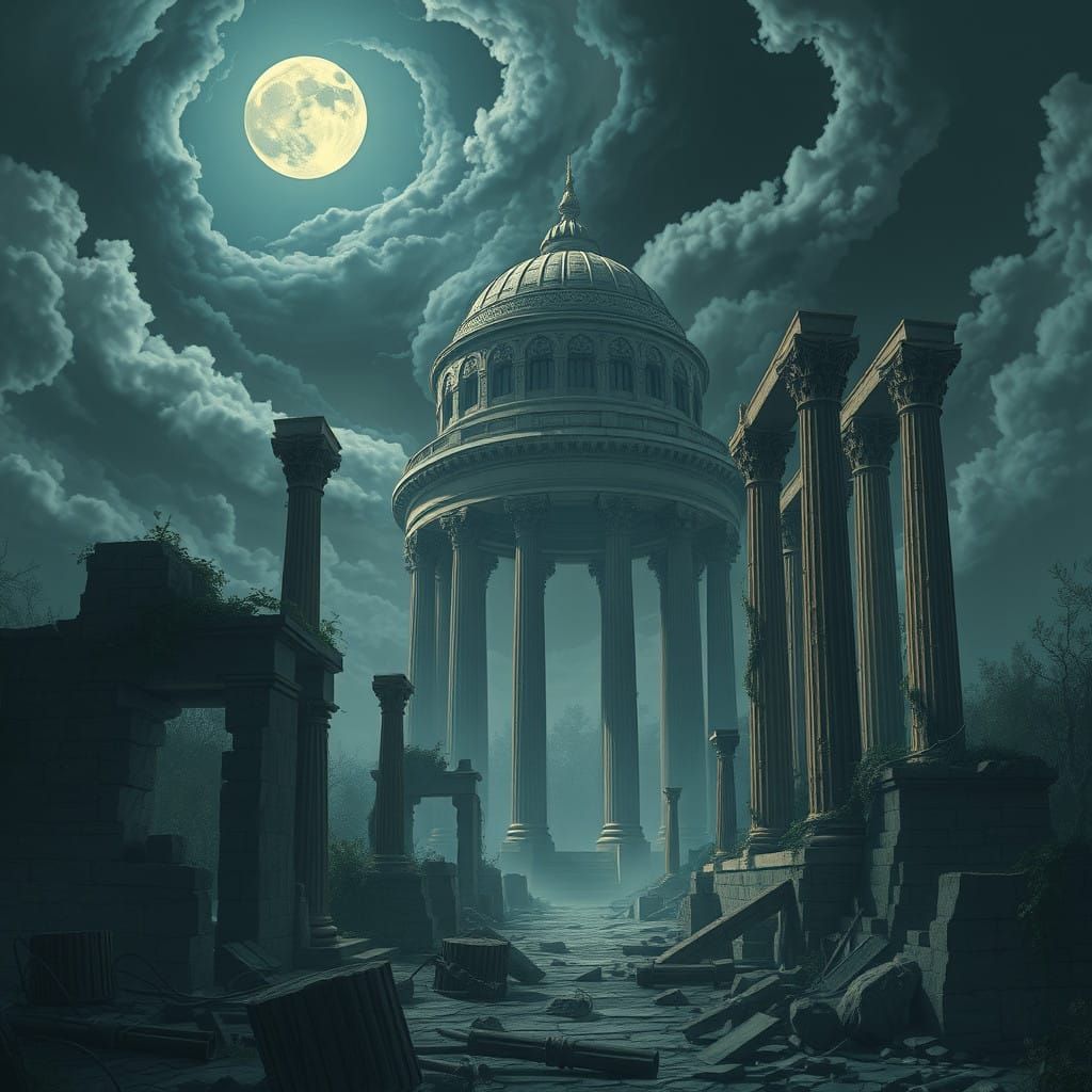 Surreal Digital Ruins Under a Moonlit Sky