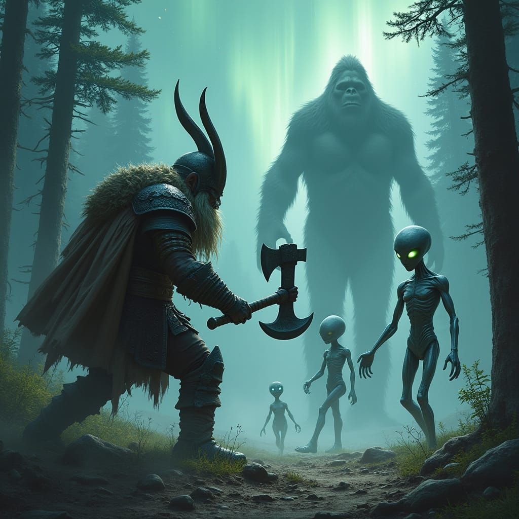 Gnome Warrior Battles Grey Aliens in Mystical Forest