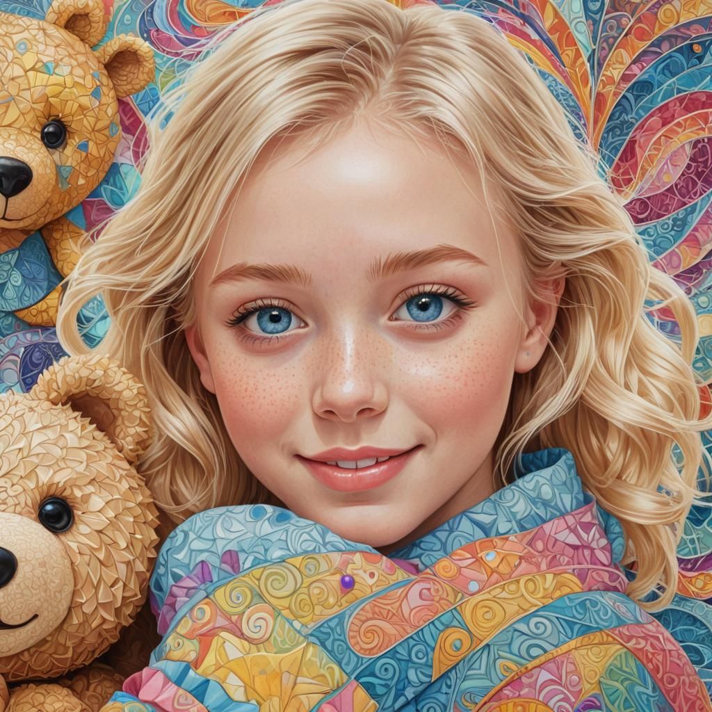 Joyful Girl with Teddy Bear in Abstract Vector Art