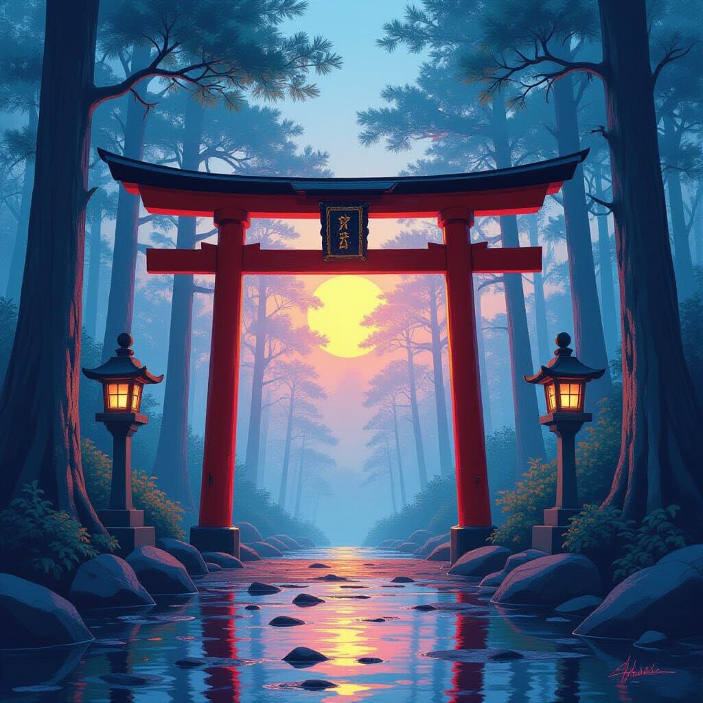Sunset Torii Gate in Misty Forest with Lanterns