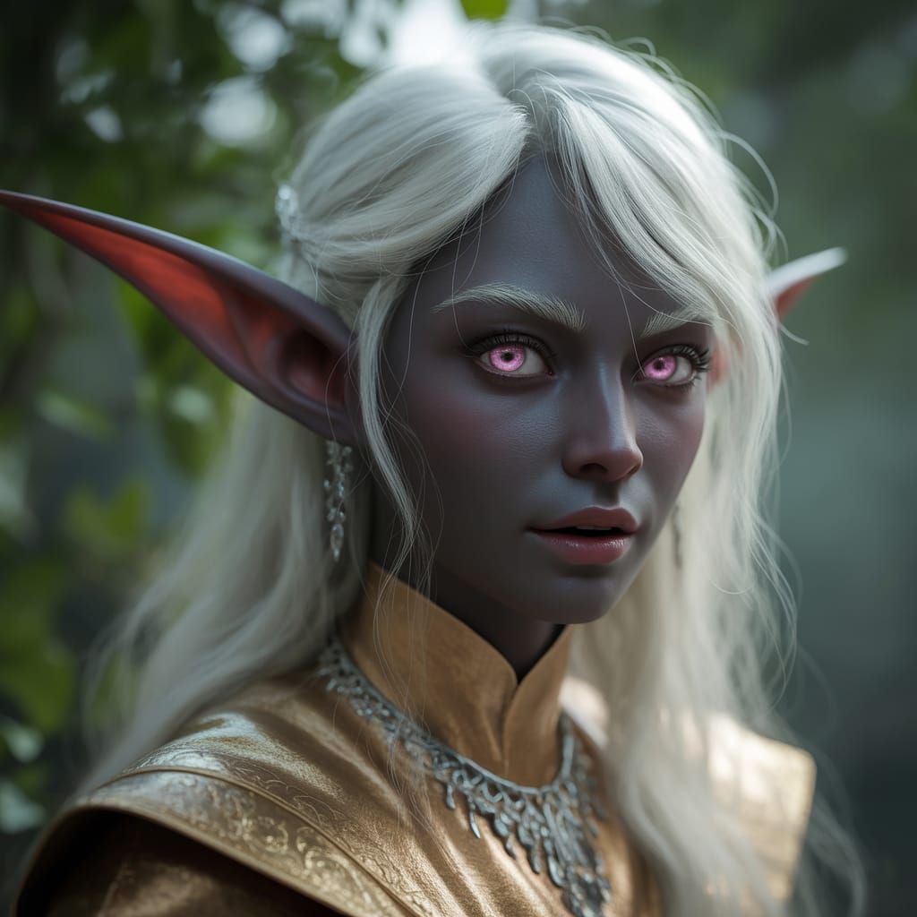 Elegant Elf Portrait with Black Skin and White Hair