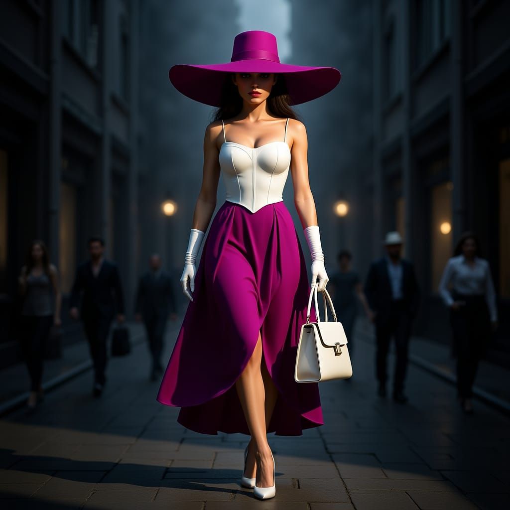 Mysterious Woman in Magenta Hat on City Sidewalk