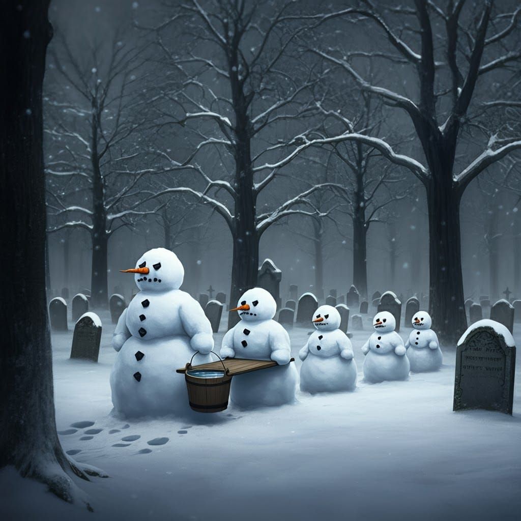 Snowmen's Funeral Procession in Graveyard: Whimsical Illustr...