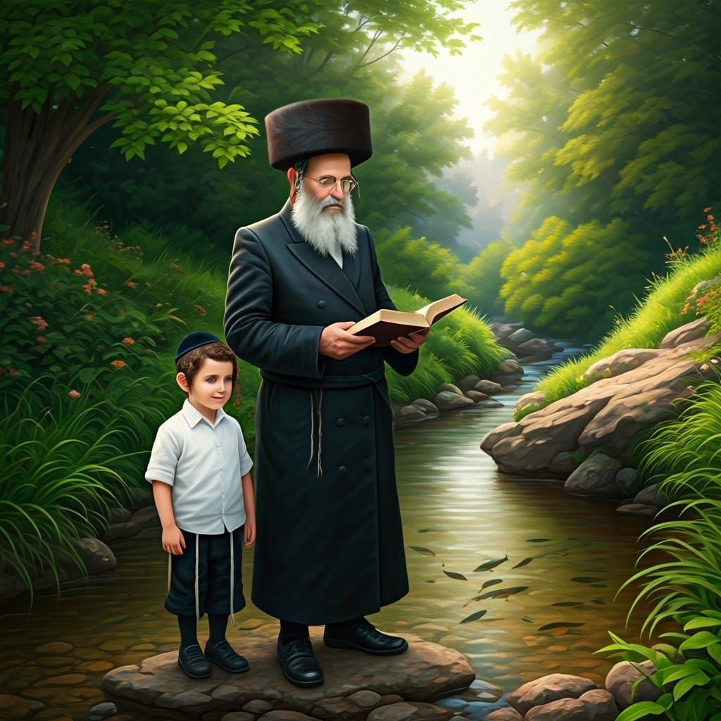 Serene Father and Son by Brook in Romantic Style