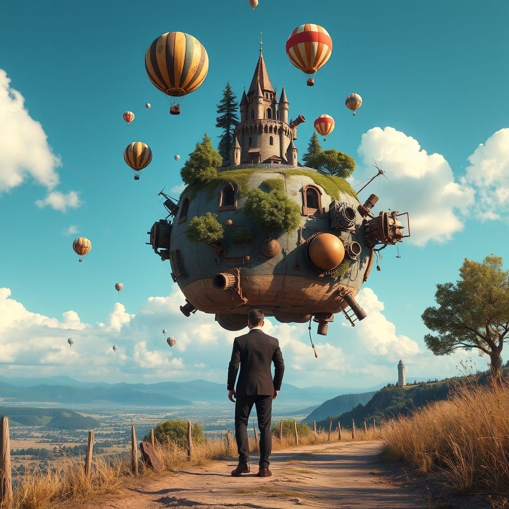 Surreal Figure Stands Amidst Whimsical Mechanical Landscape ...