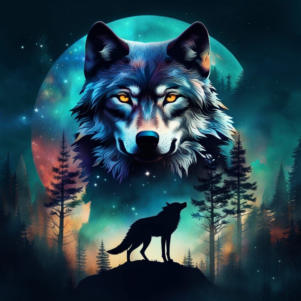 Celestial Wolf Silhouette Double Exposure Art
