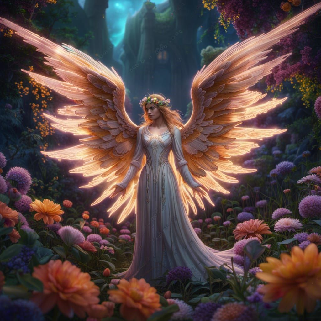 Angel with Luminous Wings in Secret Garden