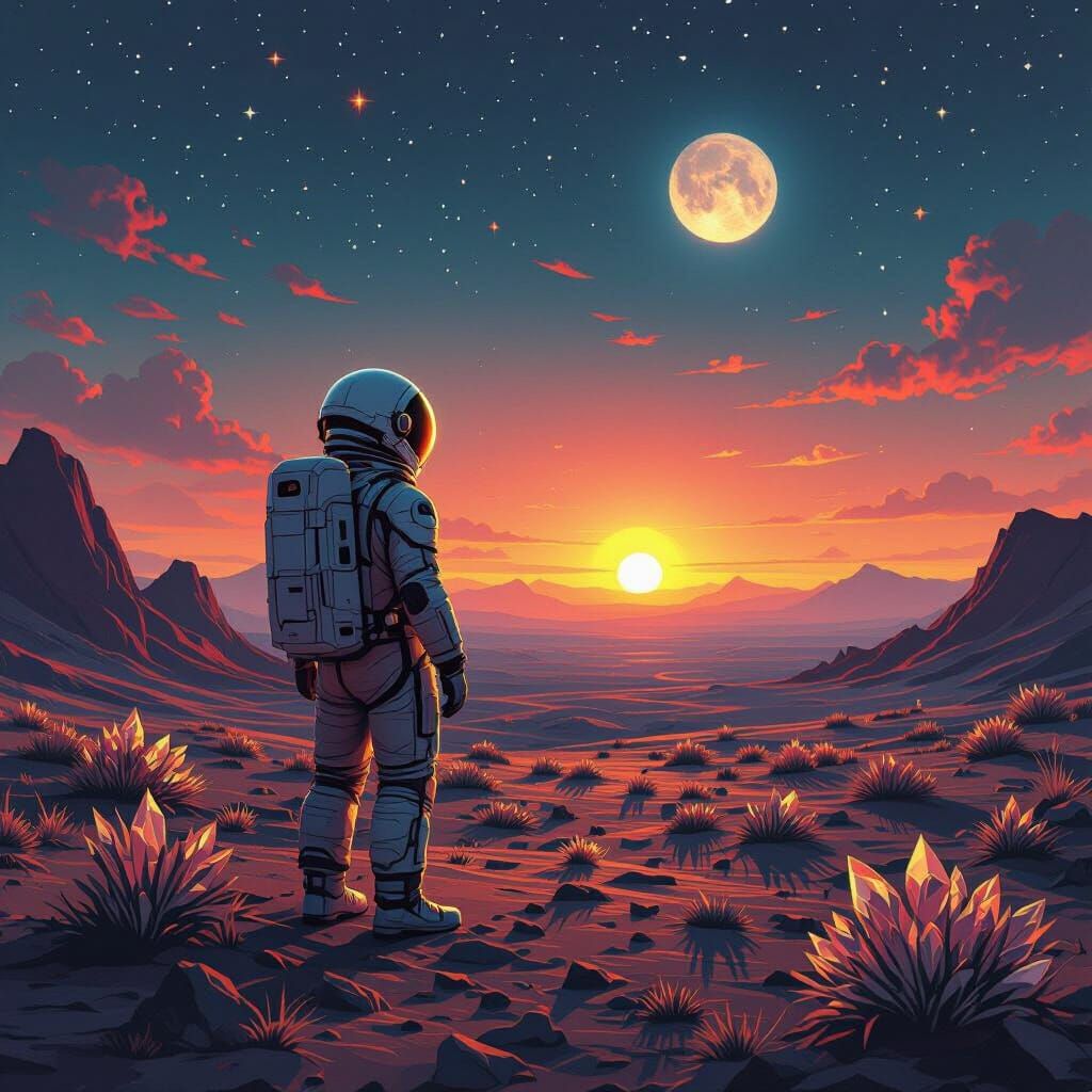 Astronaut's Binary Sunset on Alien Planet in Pointillist Sty...