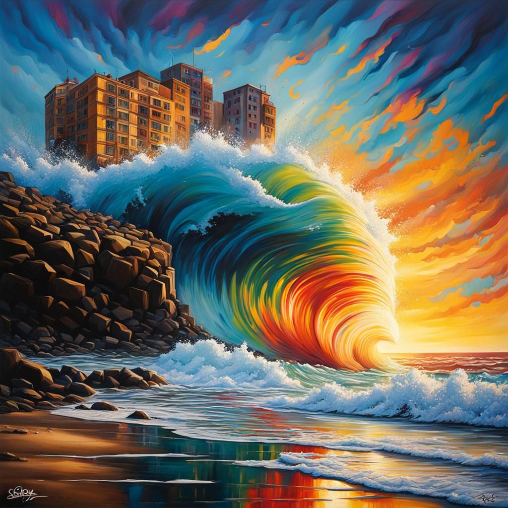 Giant Waves at Bakio Beach: Graffiti Splash Art