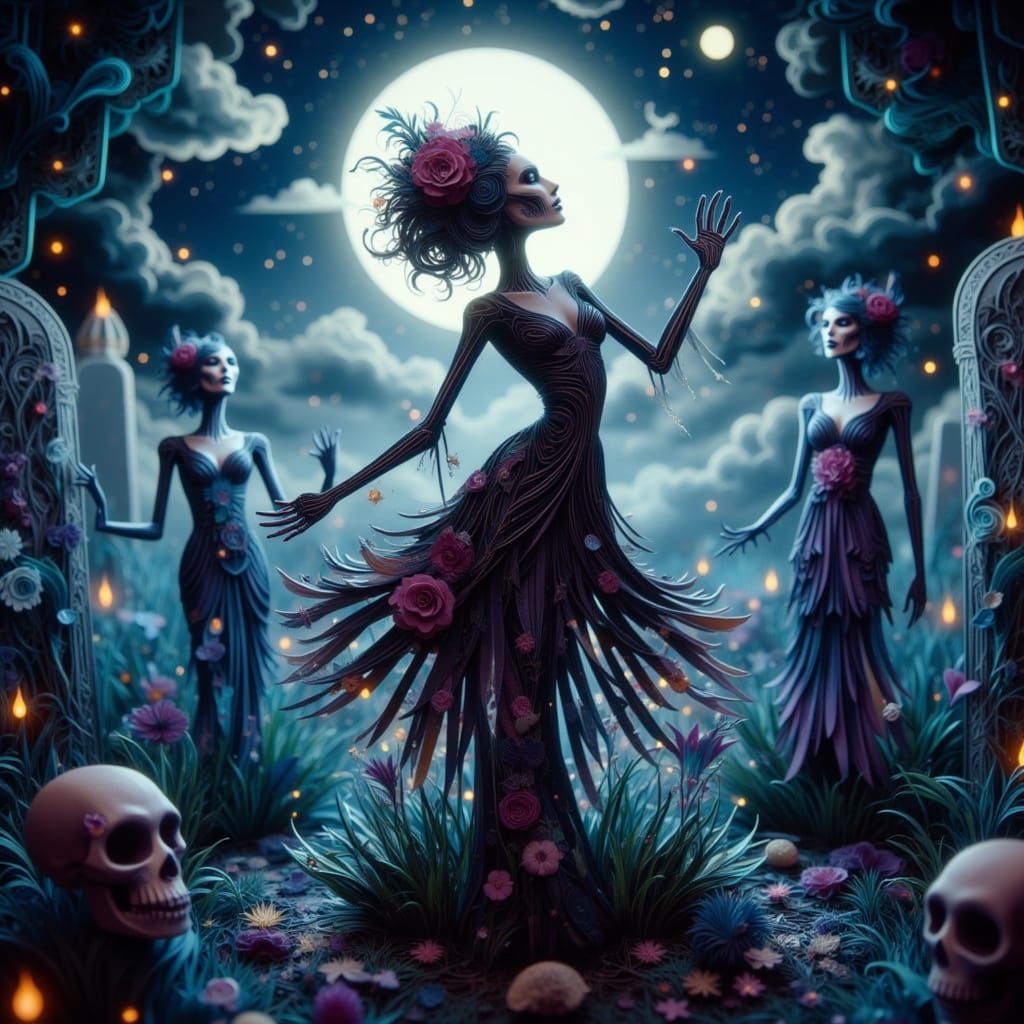 Undead Dancers Rise in Whimsical Graveyard Moonlight