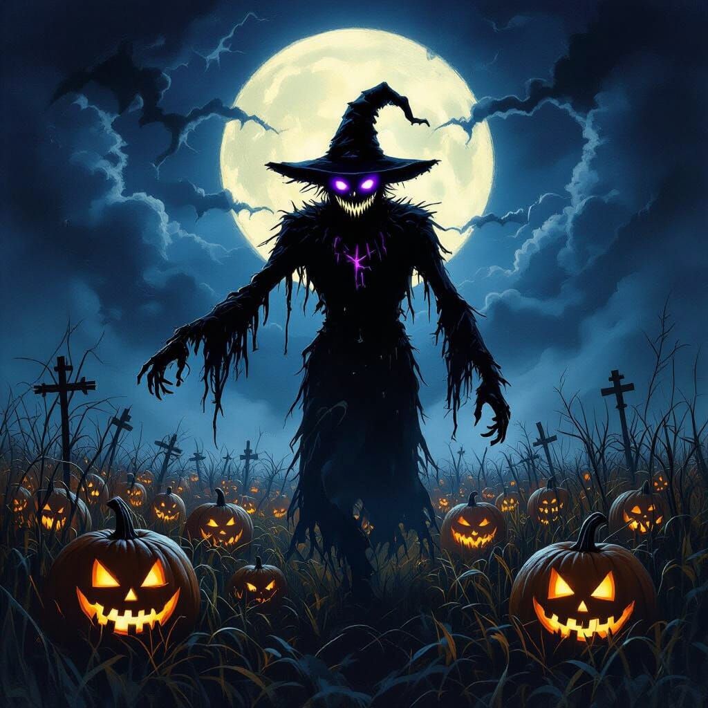 Creepy Scarecrow in Moonlit Field, Gouache Style