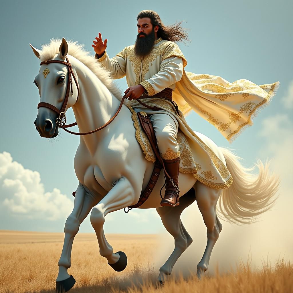 Man on White Horse in Hyperrealistic Fantasy Style