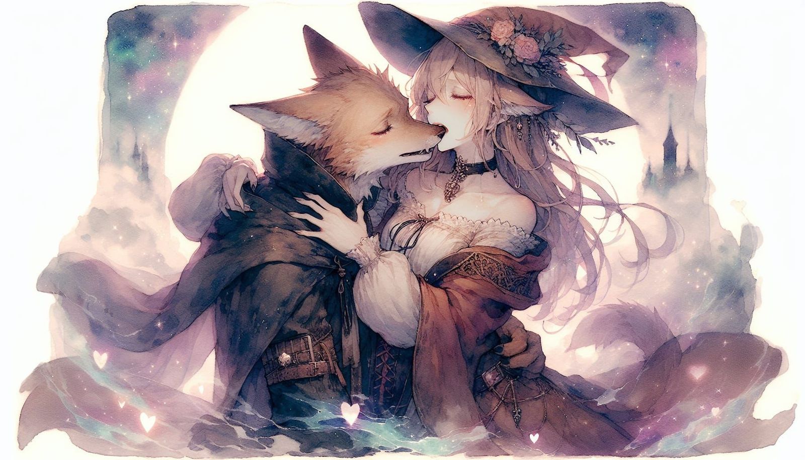 Romantic Anime Lynx and Fox Embrace Under Aurora