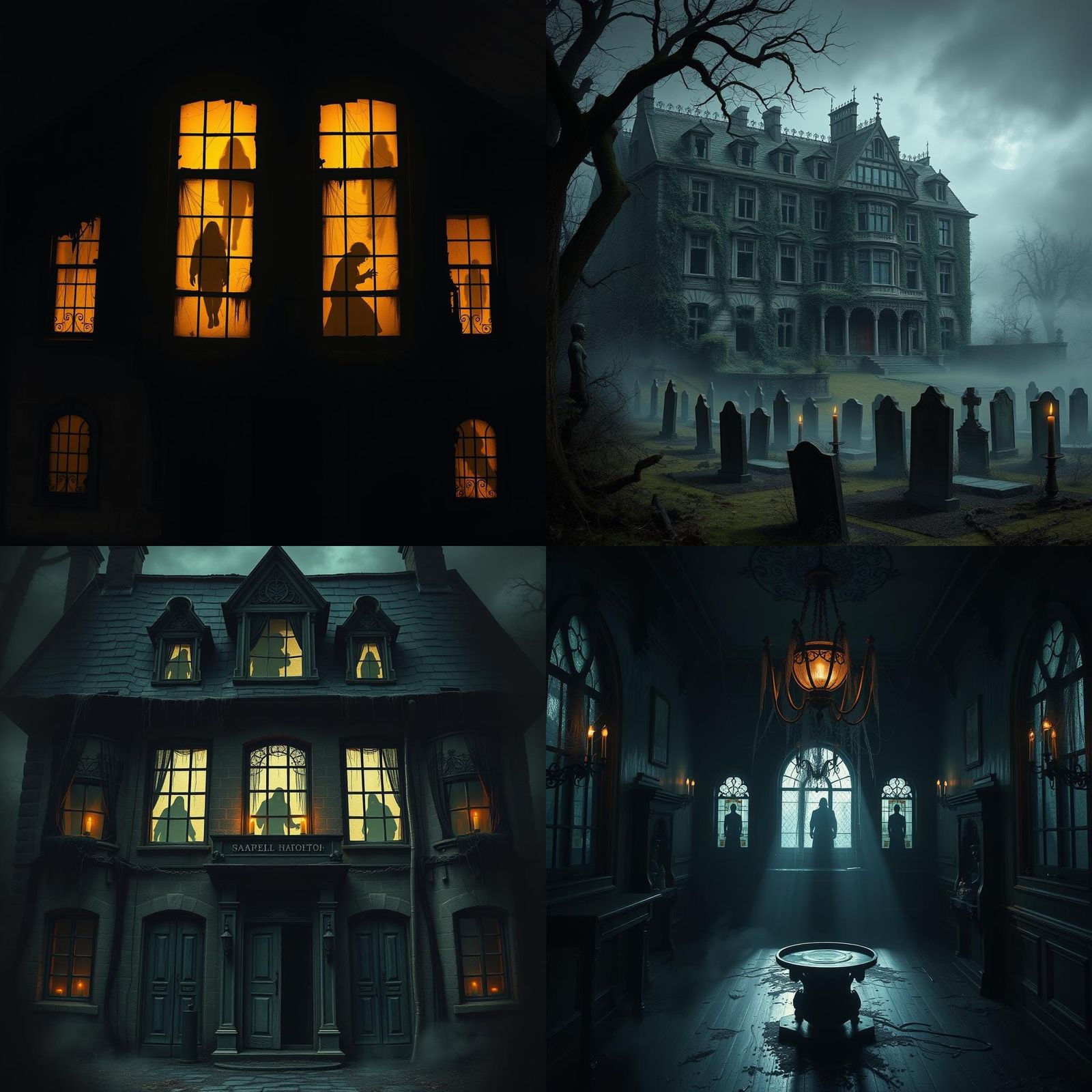 Eerie Haunted Mansion Interior with Ghostly Apparitions