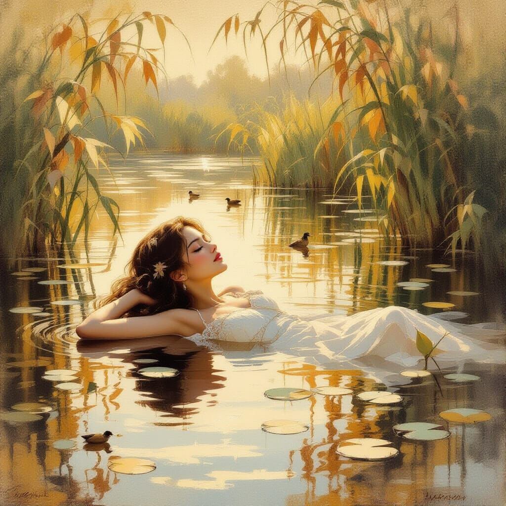 An exquisite impressionist painting captures a serene and dr...