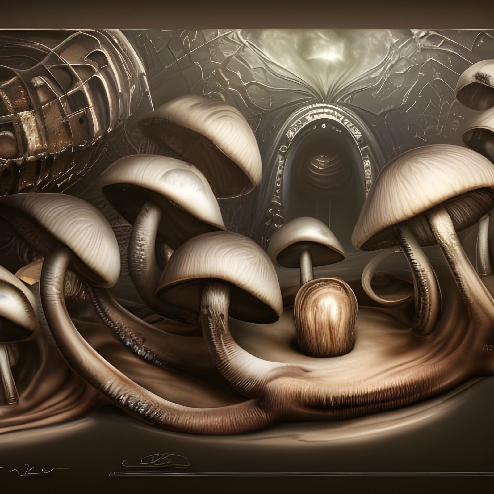 Surreal Fungal Biomechanical Kittens in Detailed Painting