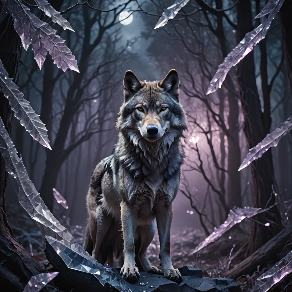 Wolf in Crystalline Forest: Surrealist Dreamscape