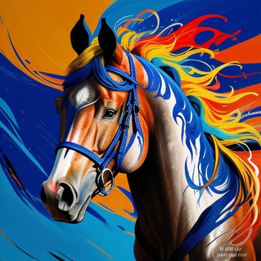 Vibrant Abstract Painting: Woman and Horse in Motion