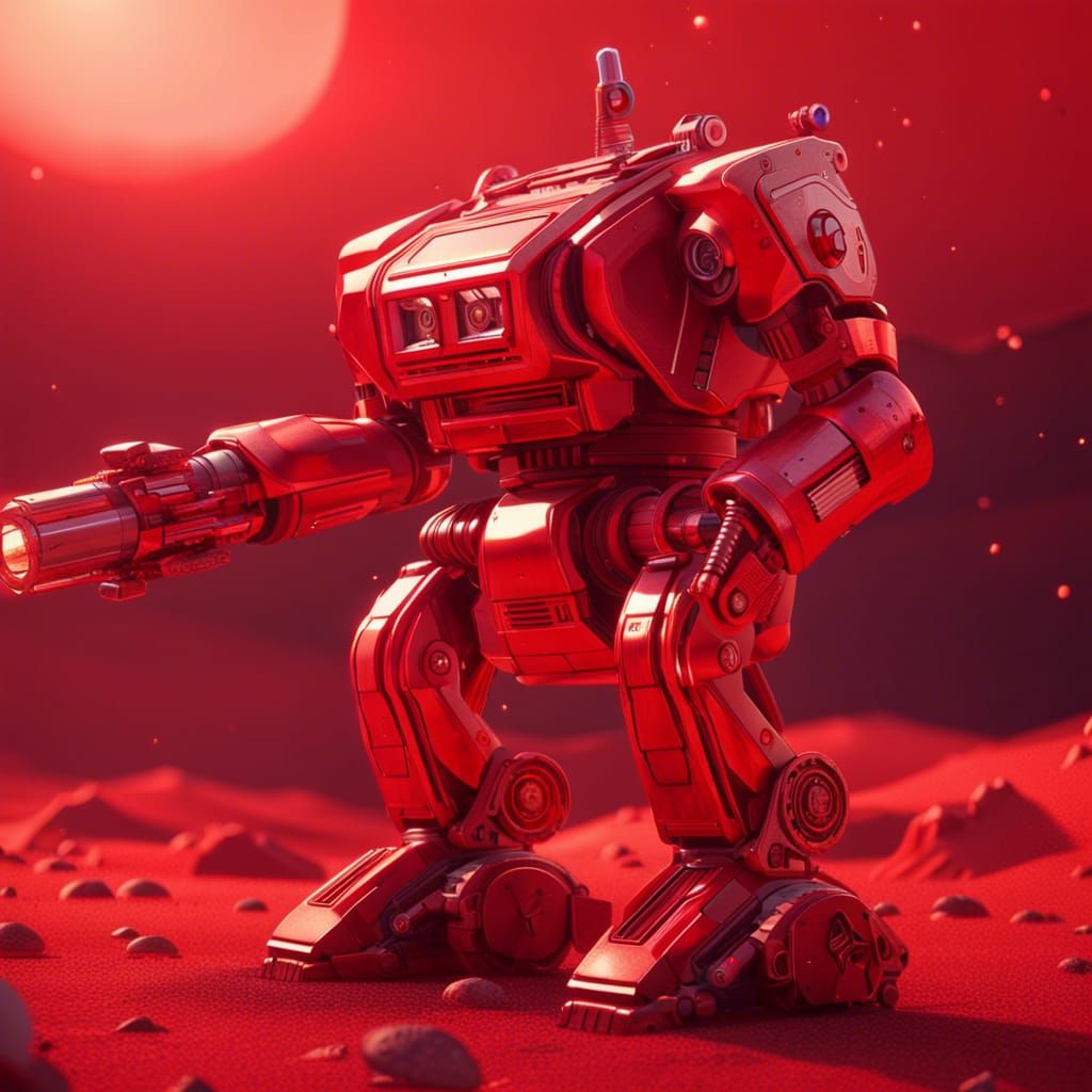 Vintage Red Robot on Red Planet with Lightning