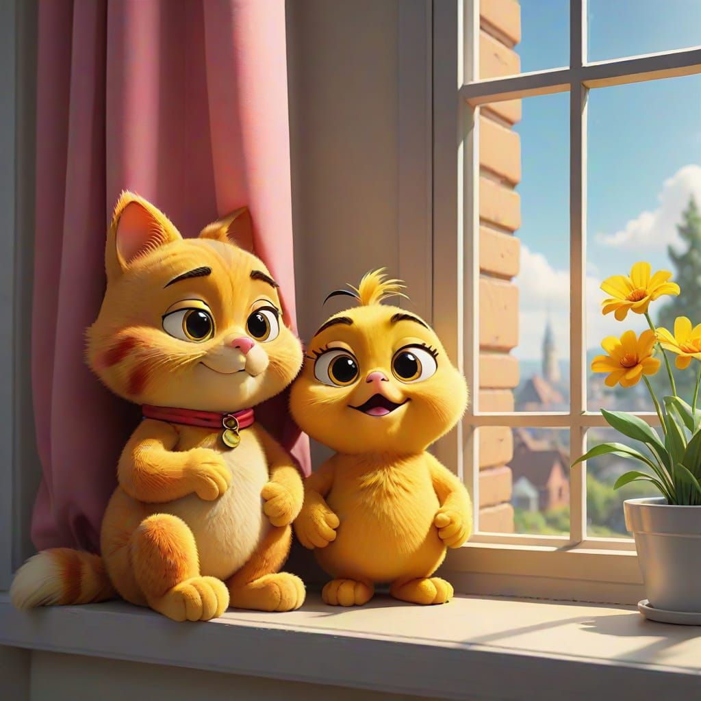 Whimsical Cartoon Illustration of Garfield and Tweety Bird