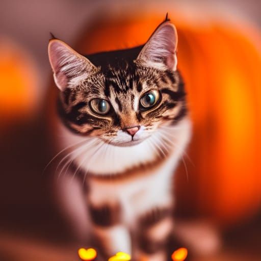 Pumpkin Cat Enjoying Halloween Night: Bokeh Photography